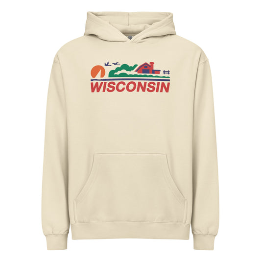 Beige hoodie with 'Wisconsin' graphic design on a white background