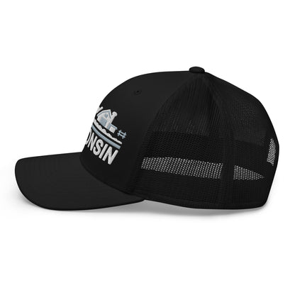 Black cap with mesh back and 'Wisconsin' text on a white background