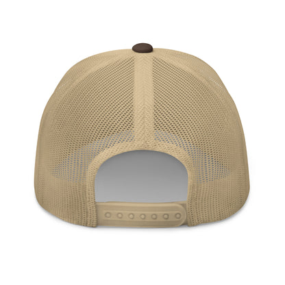 Beige mesh cap with a brown button on a white background