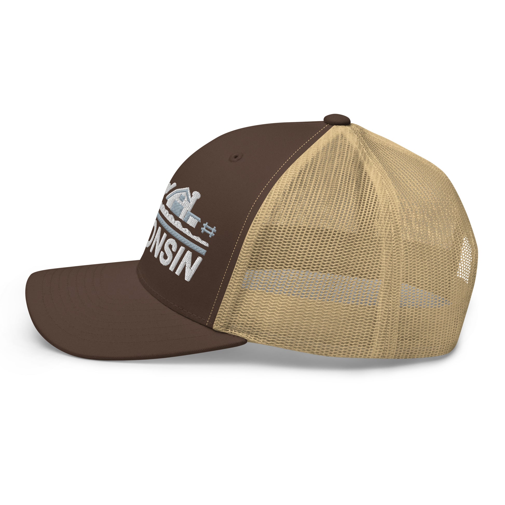 Brown and beige trucker cap with 'Wisconsin' logo on a white background