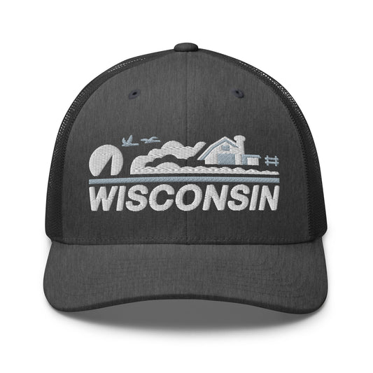 Black cap with 'Wisconsin' and landscape design on a white background