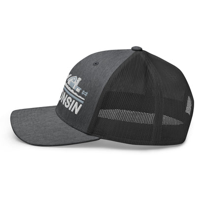 Gray mesh cap with 'Wisconsin' text on a white background