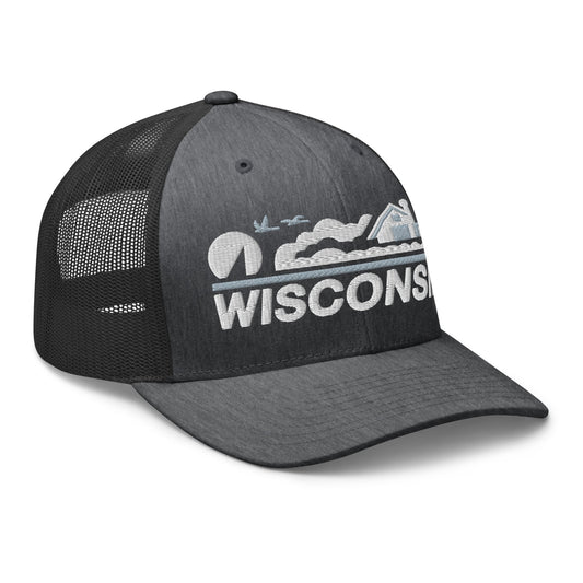 Gray cap with 'Wisconsin' logo on a white background