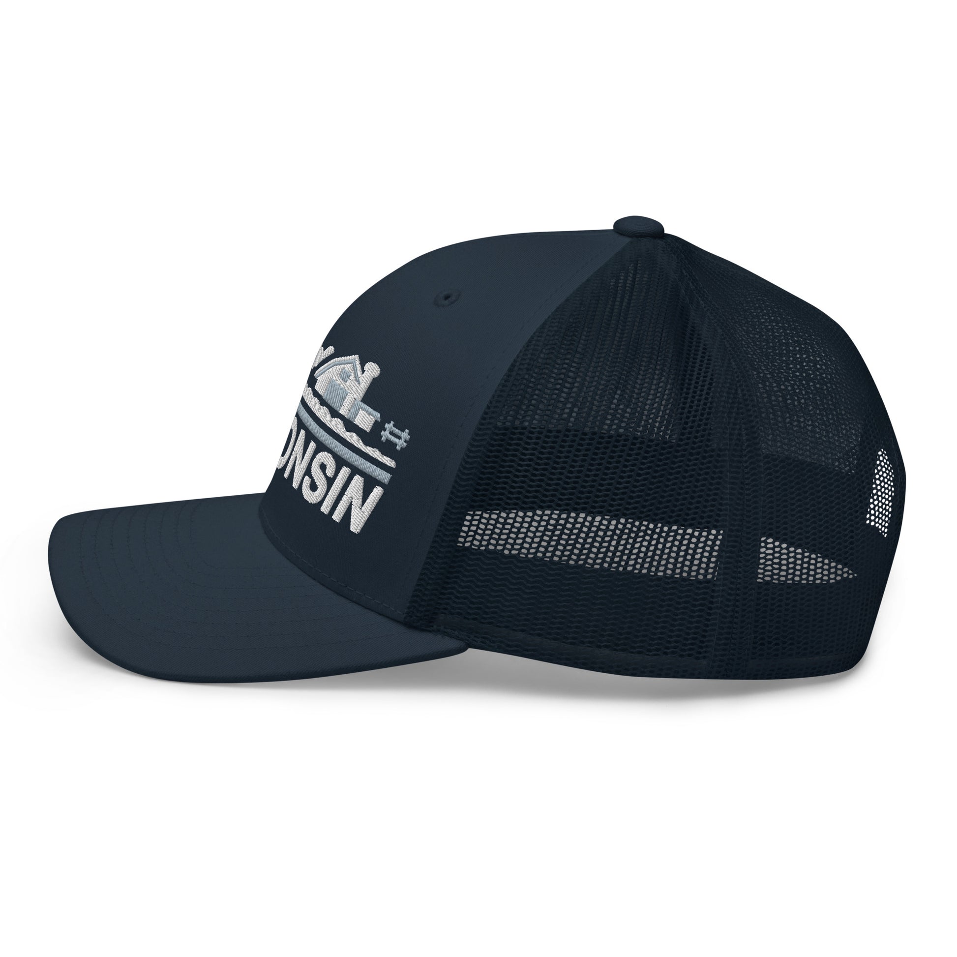 Black mesh cap with 'Wisconsin' text on a white background