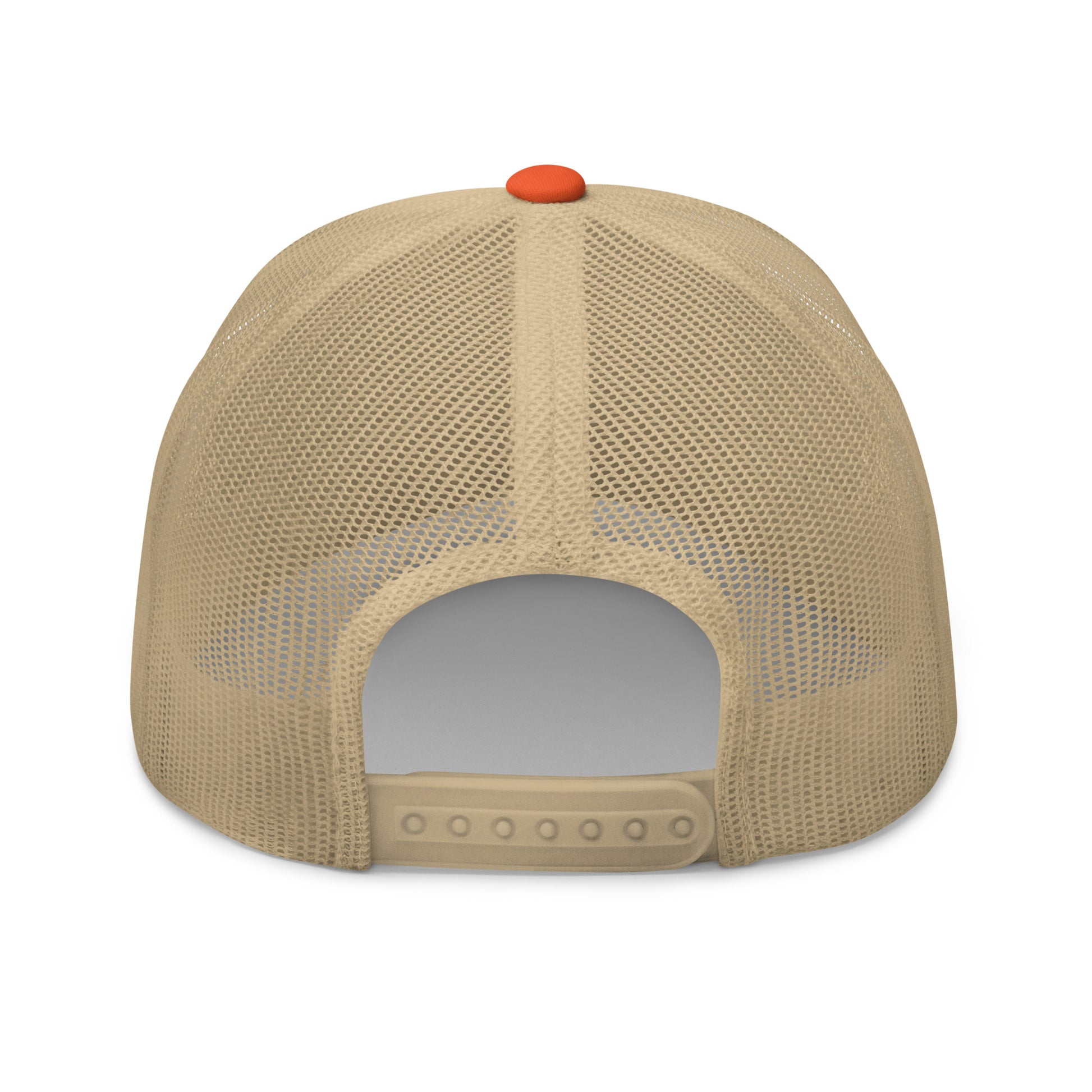 Beige mesh cap with a red button on a white background