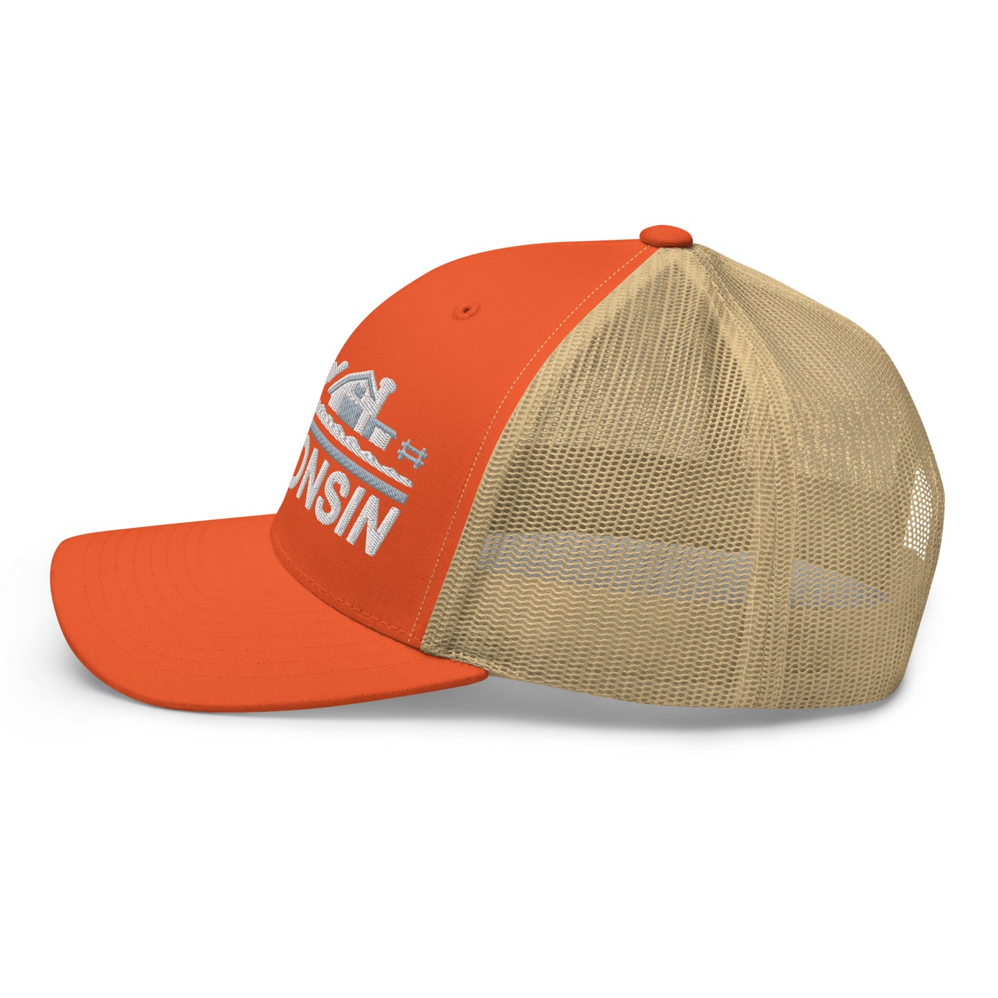 Orange and beige trucker cap with 'Wisconsin' logo on a white background