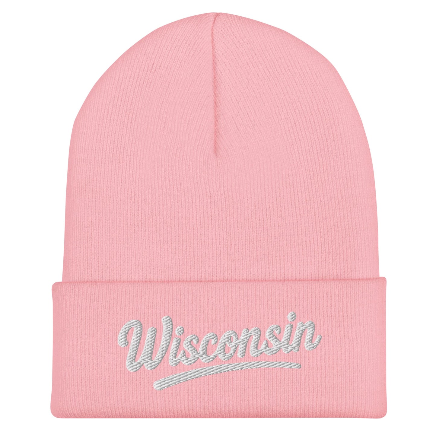 Pink beanie with 'Wisconsin' embroidery on a white background
