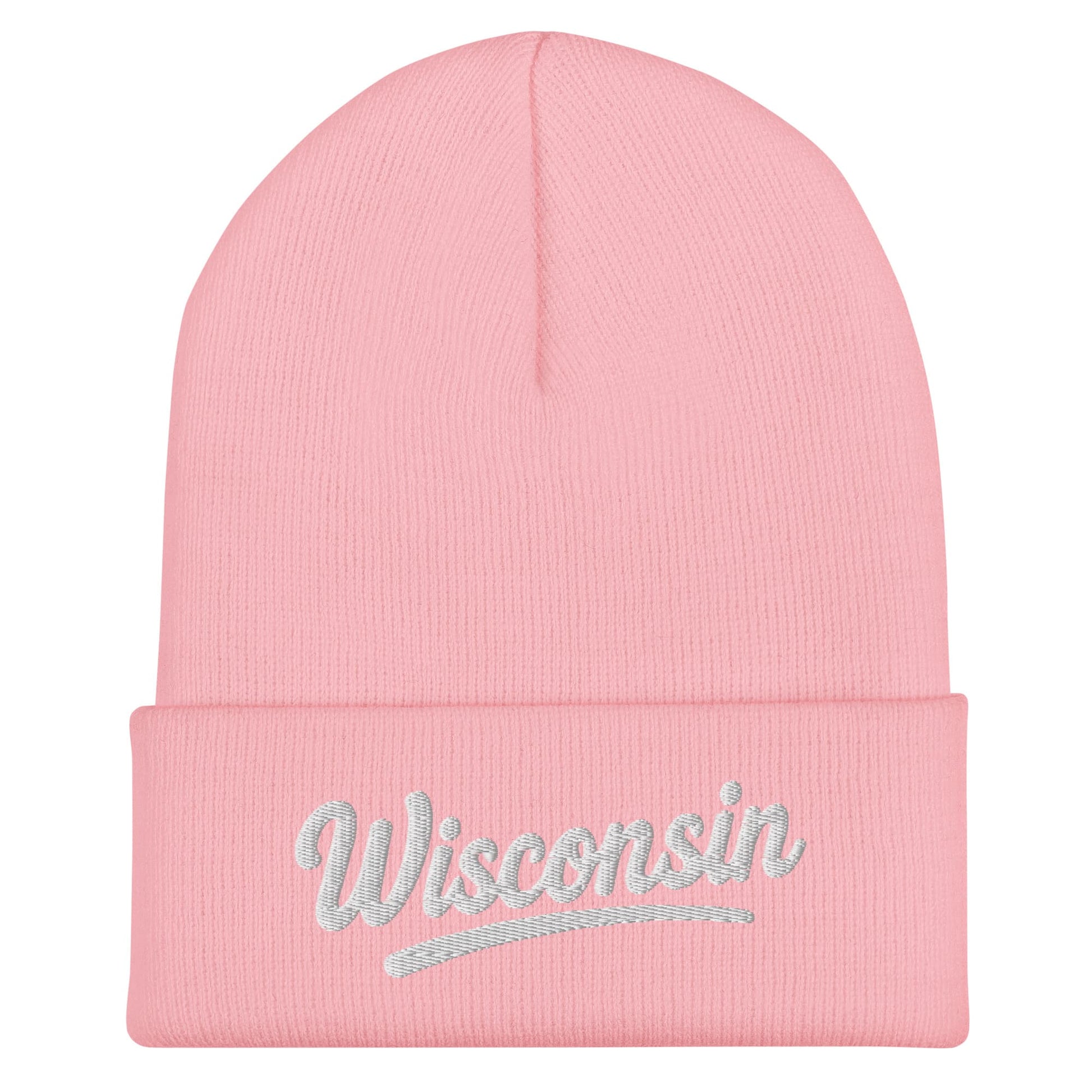 Pink beanie with 'Wisconsin' embroidery on a white background