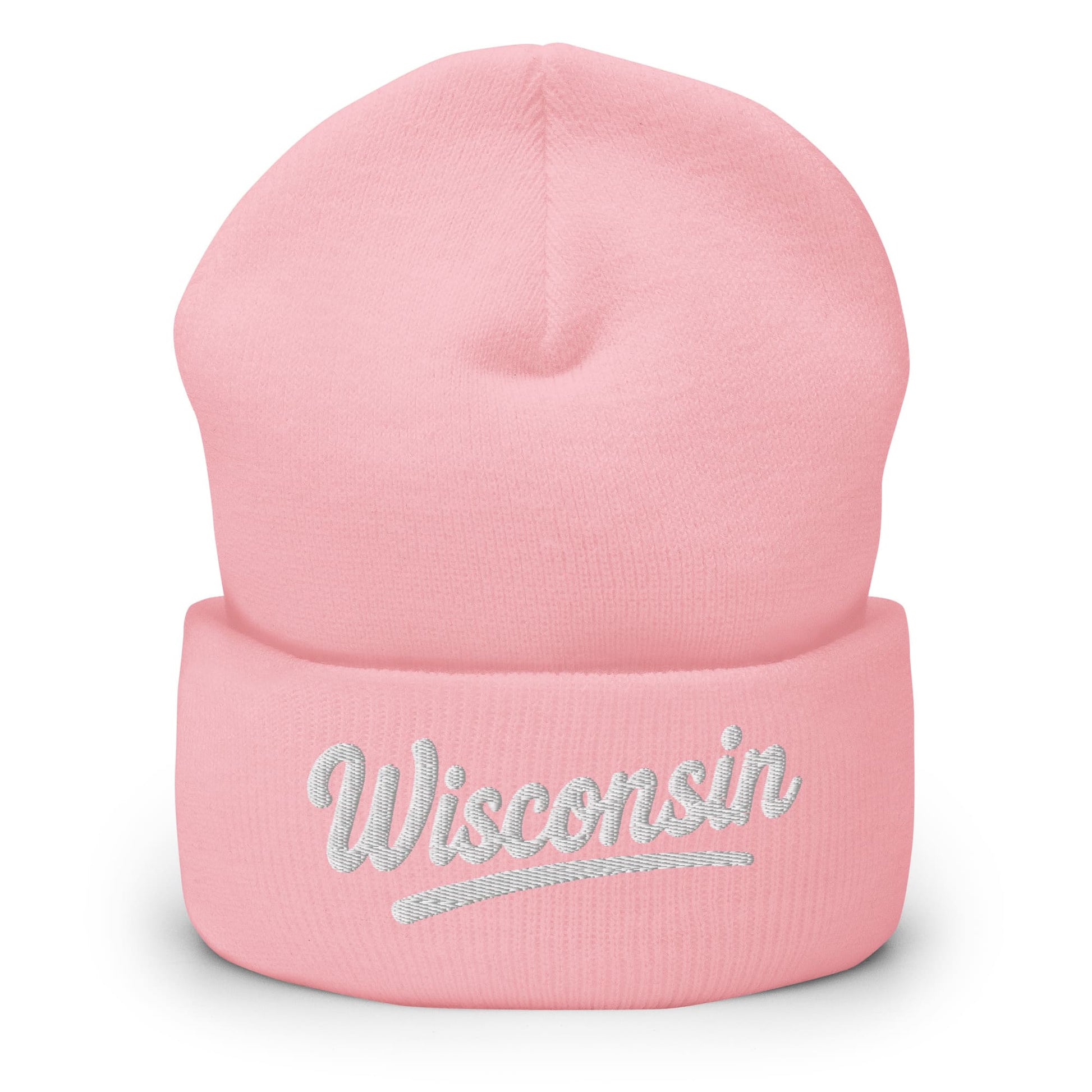 Pink beanie with 'Wisconsin' embroidery on a white background