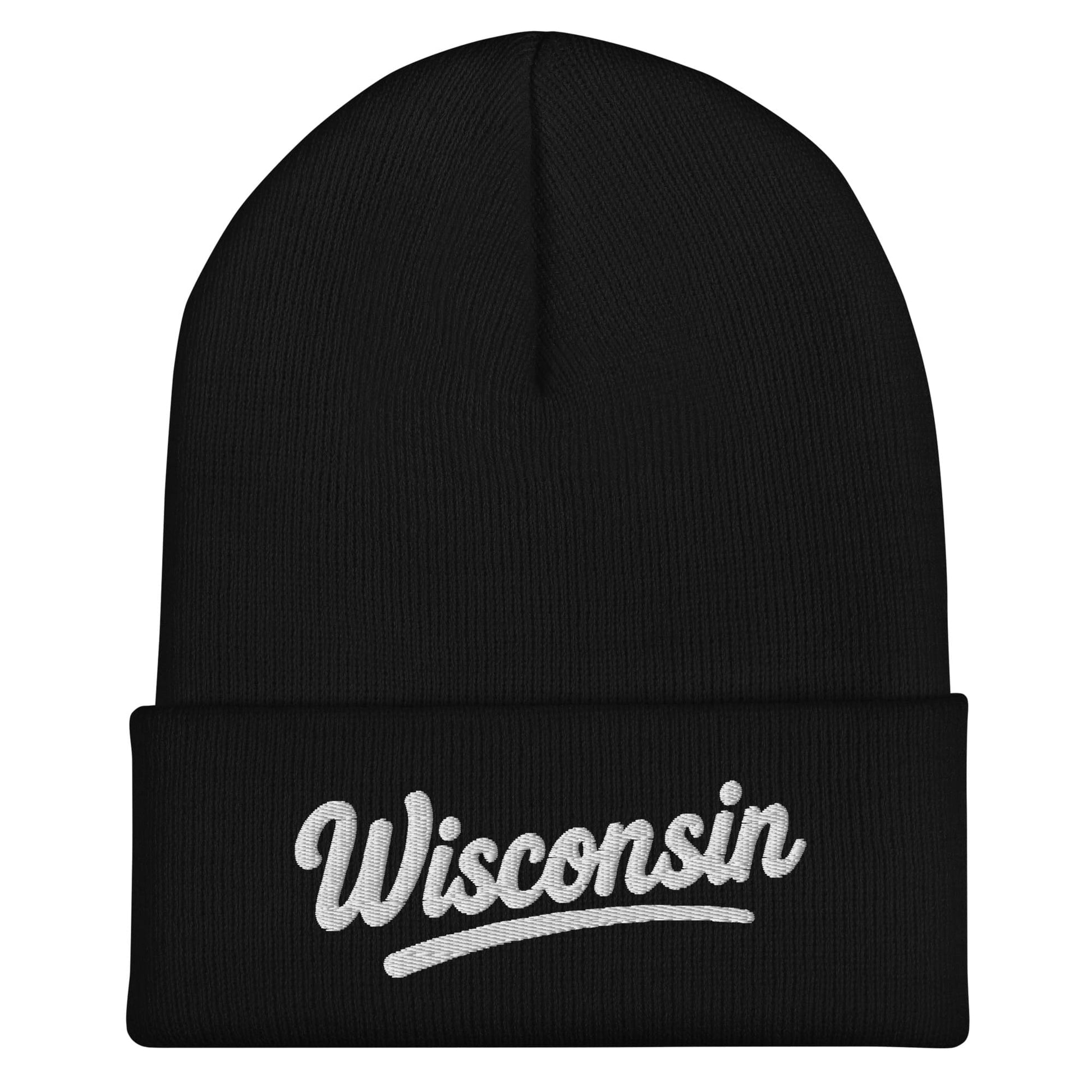 Black beanie with 'Wisconsin' embroidered on a white background