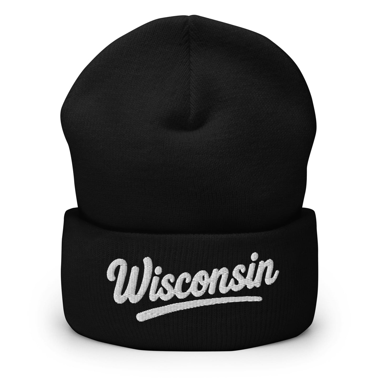 Black beanie with 'Wisconsin' embroidered on a white background