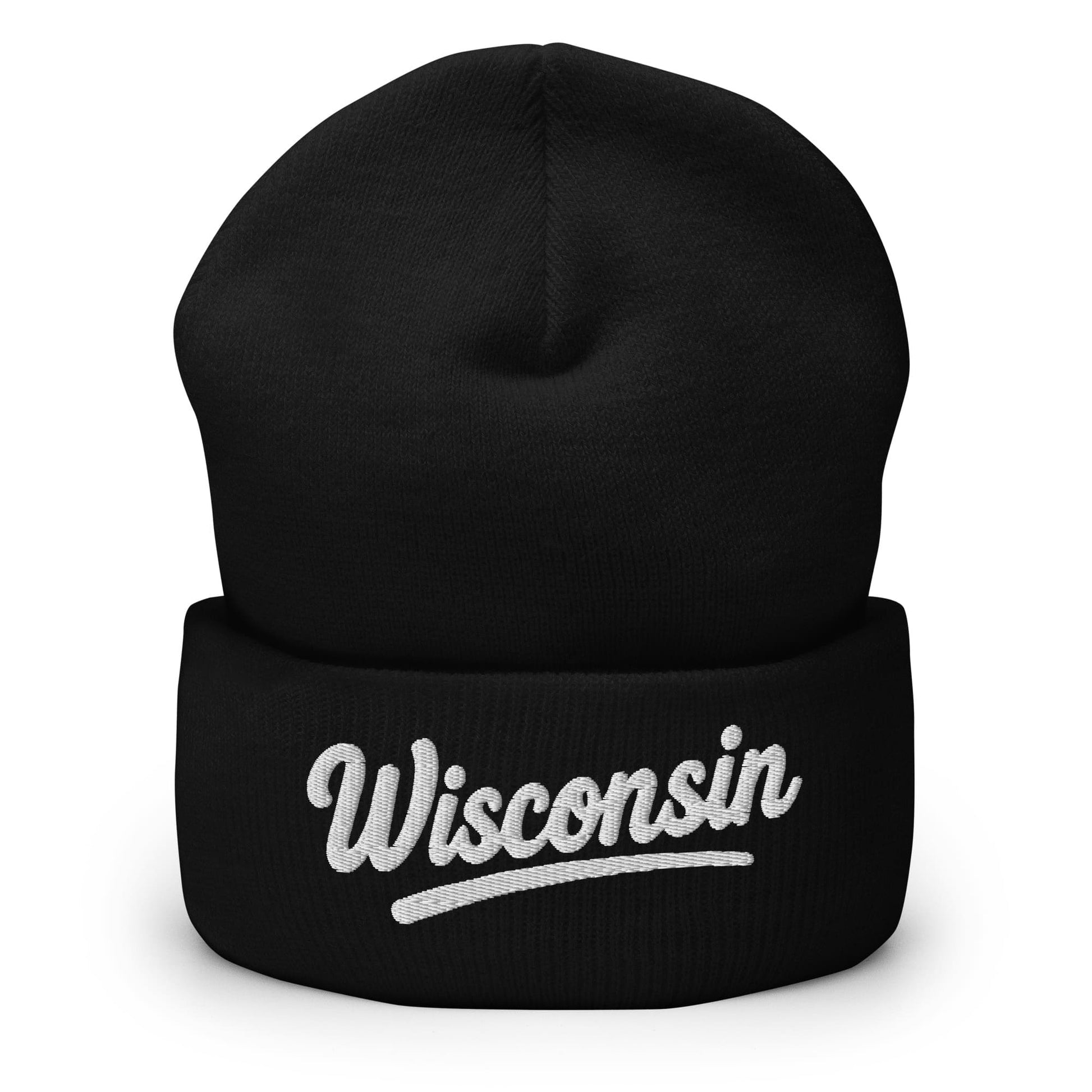 Black beanie with 'Wisconsin' embroidered on a white background