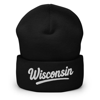 Black beanie with 'Wisconsin' embroidered on a white background