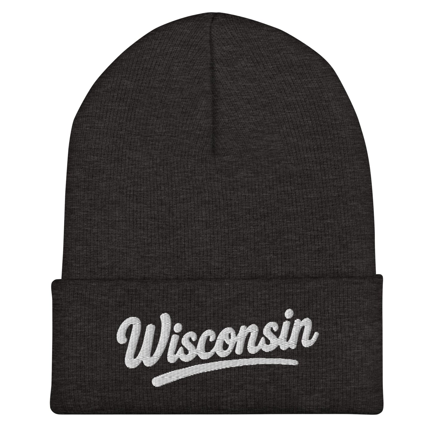 Black beanie with 'Wisconsin' embroidered on a white background
