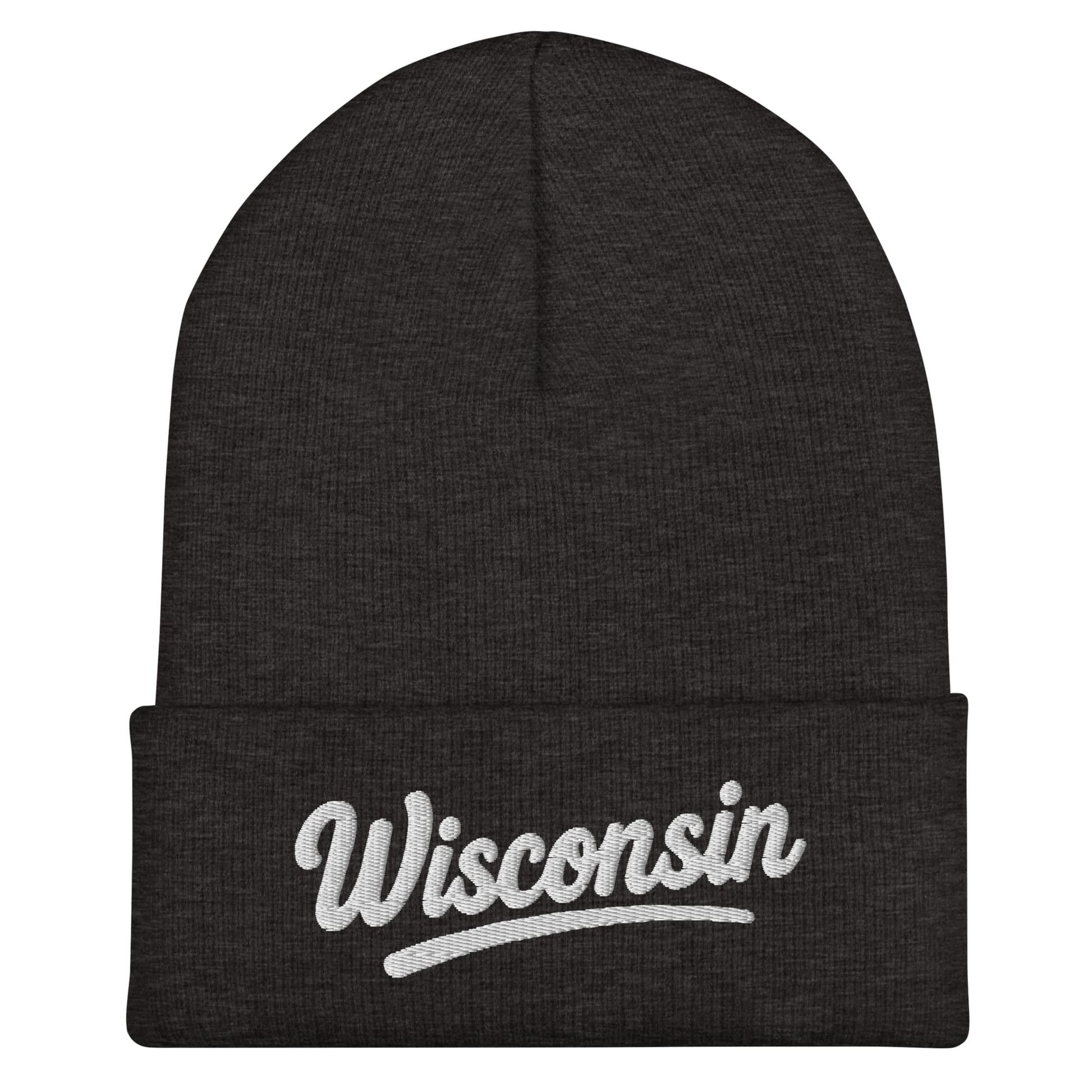 Black beanie with 'Wisconsin' embroidered on a white background