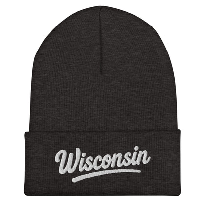 Black beanie with 'Wisconsin' embroidered on a white background