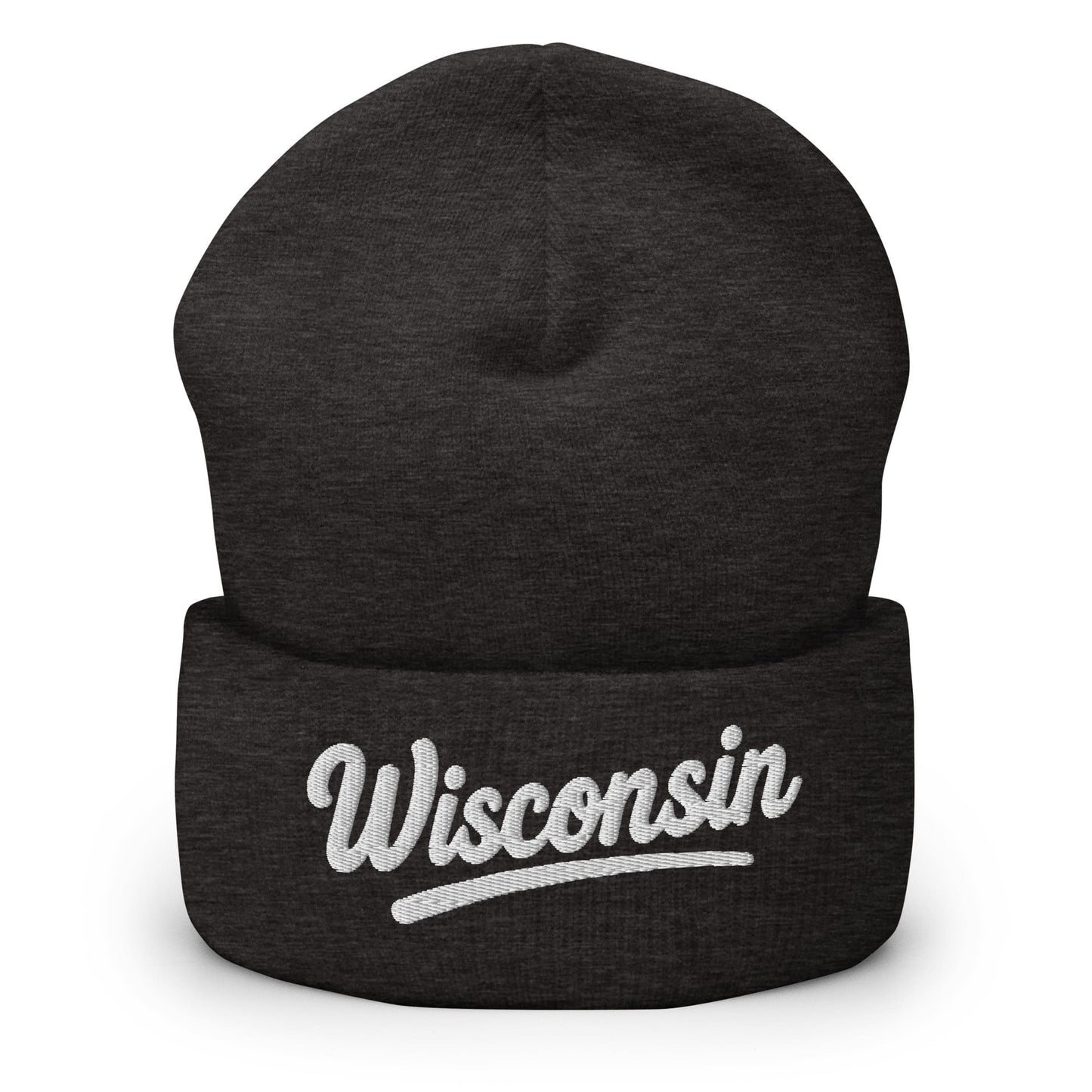 Black beanie with 'Wisconsin' embroidered on a white background