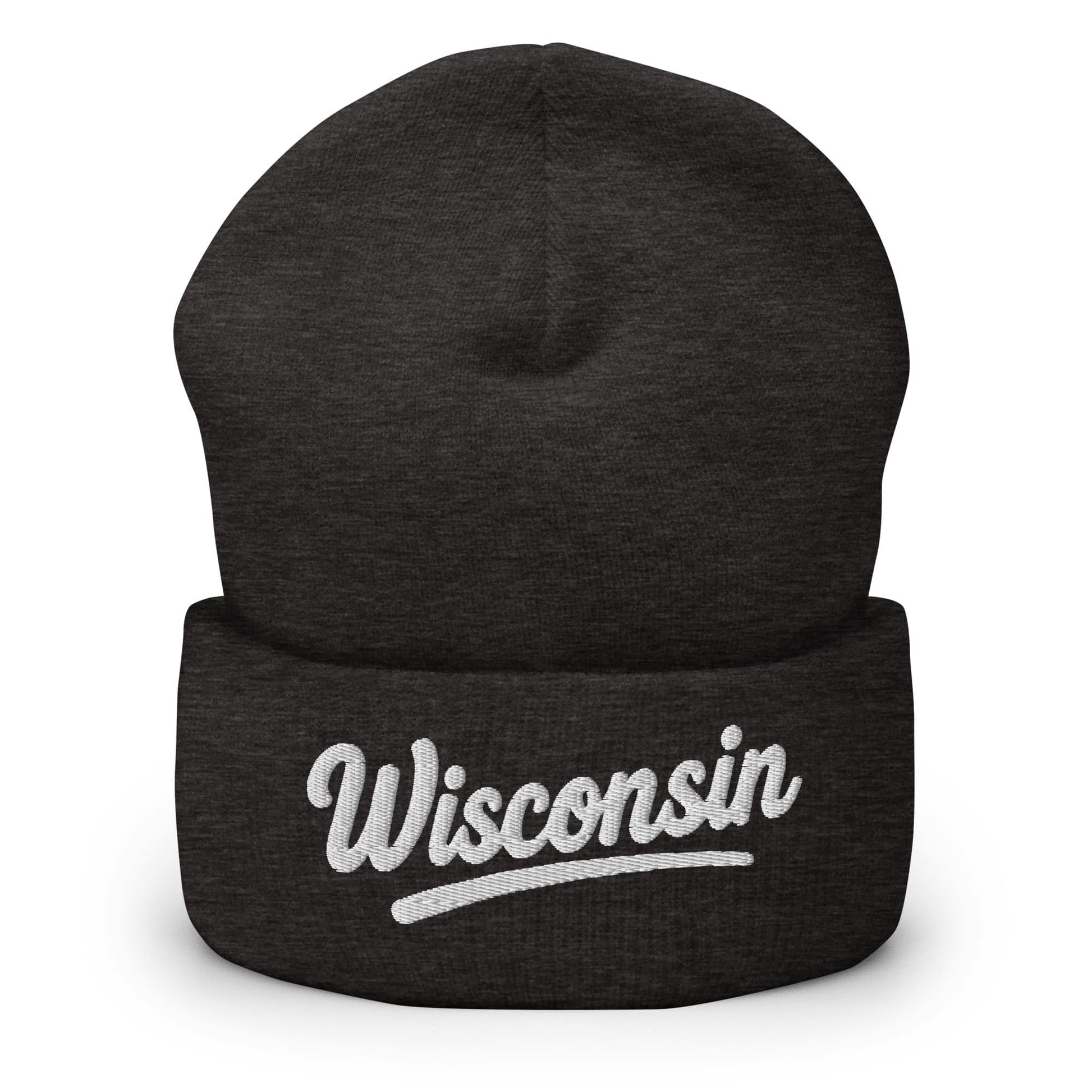Black beanie with 'Wisconsin' embroidered on a white background