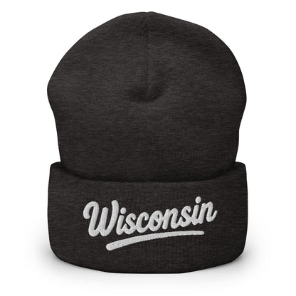 Black beanie with 'Wisconsin' embroidered on a white background