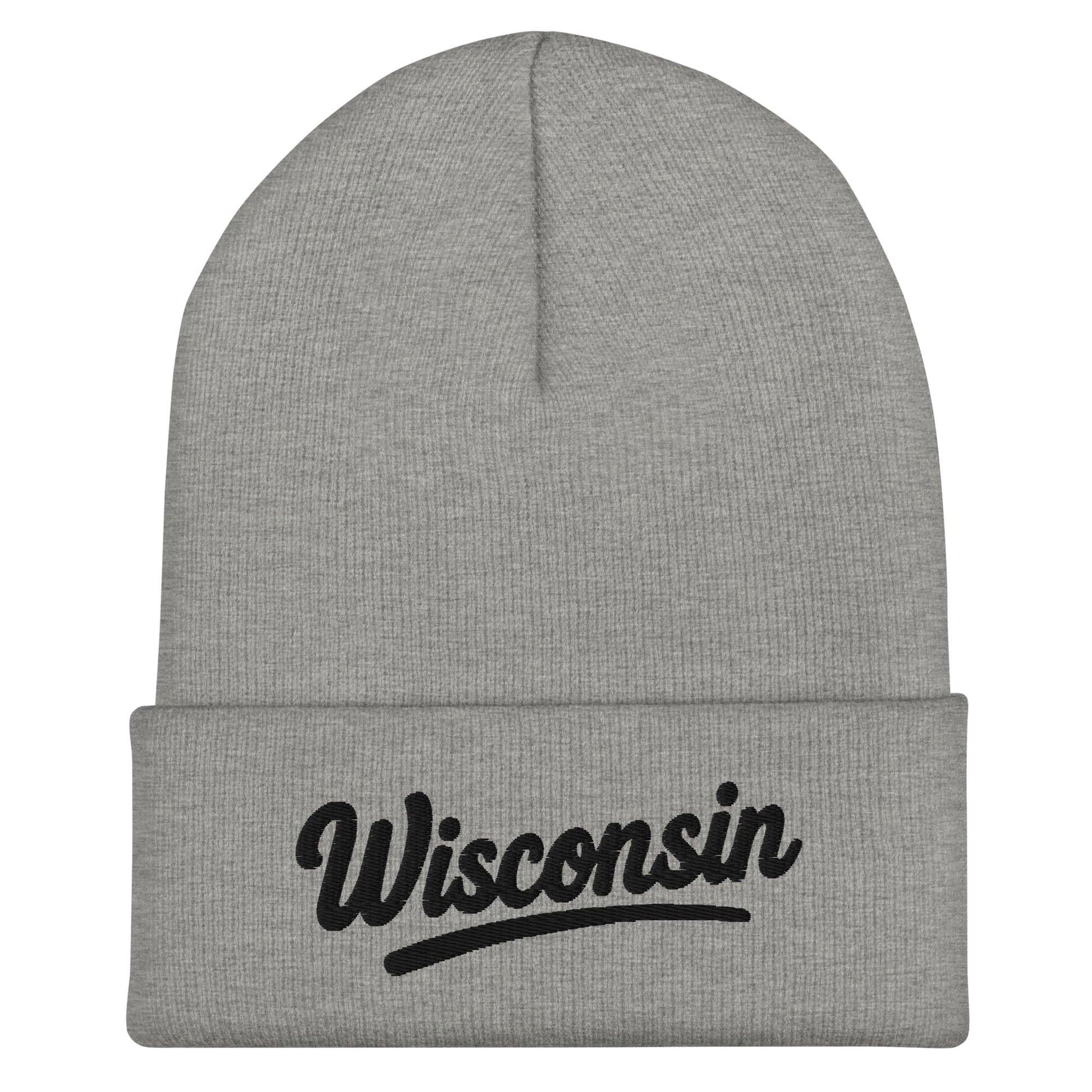 Gray beanie with 'Wisconsin' embroidered on a white background