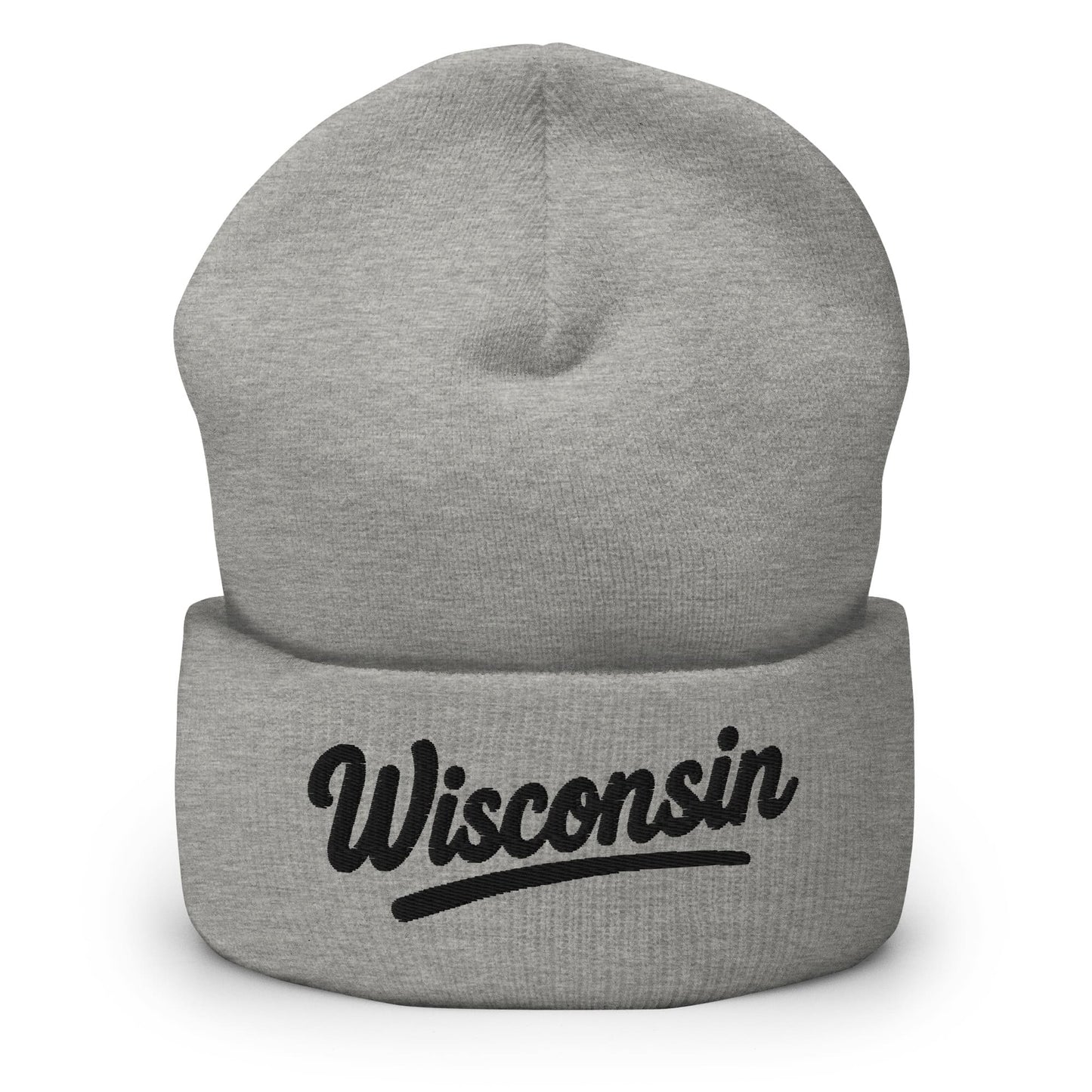 Gray beanie with 'Wisconsin' embroidery on a white background