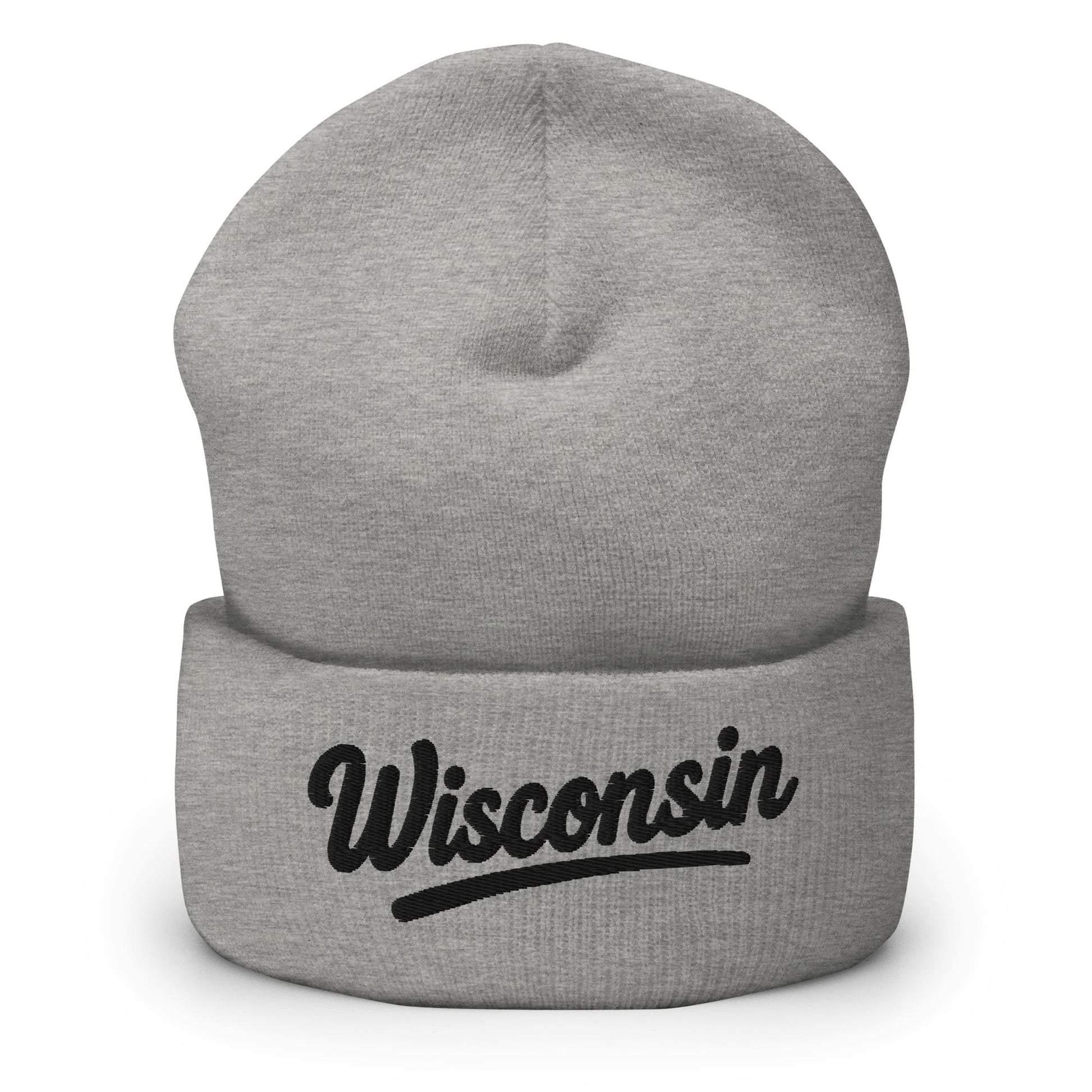 Gray beanie with 'Wisconsin' embroidery on a white background