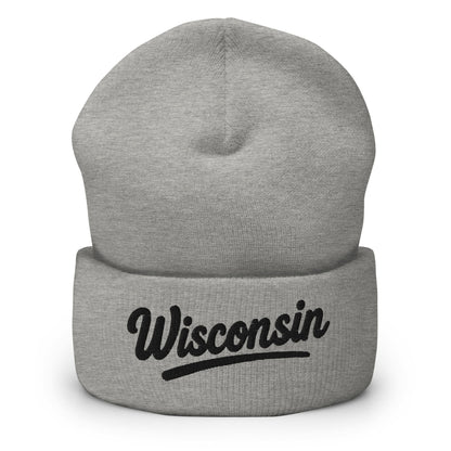 Gray beanie with 'Wisconsin' embroidery on a white background