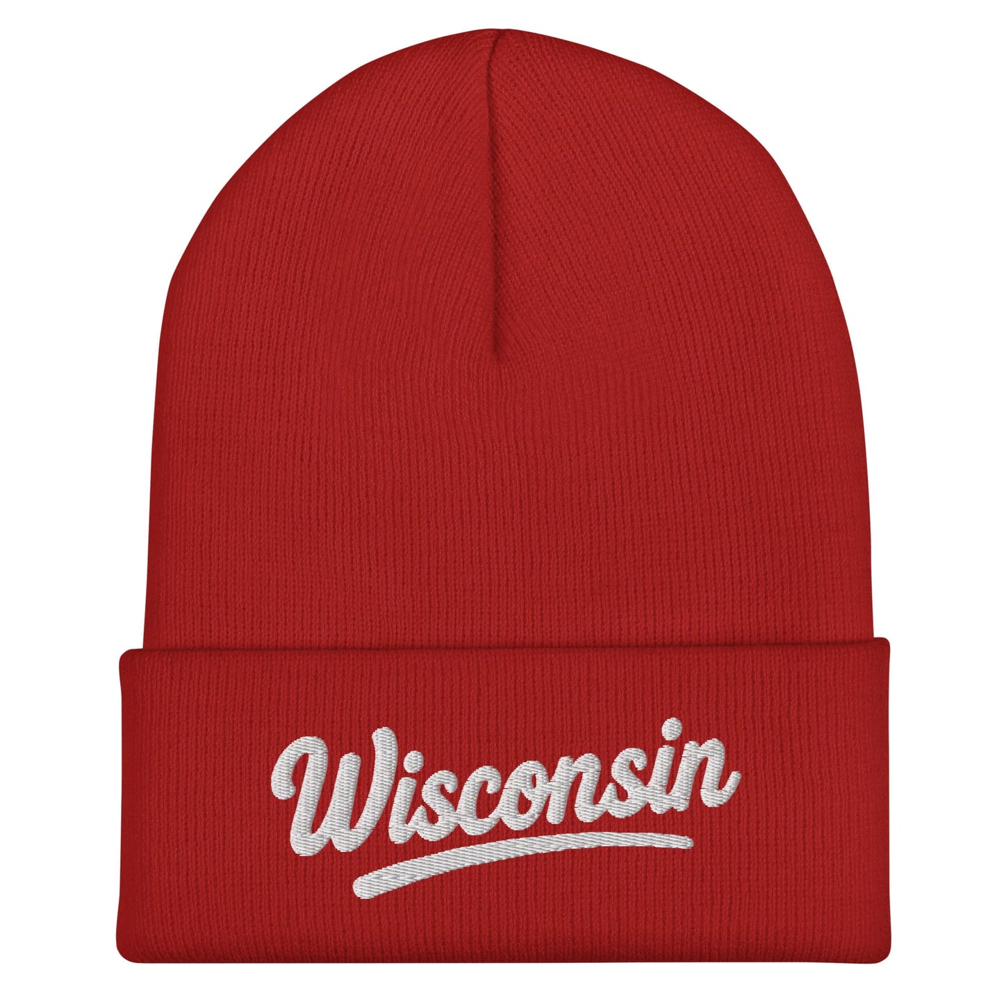 Red beanie with 'Wisconsin' embroidered on a white background