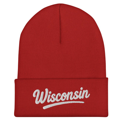 Red beanie with 'Wisconsin' embroidered on a white background