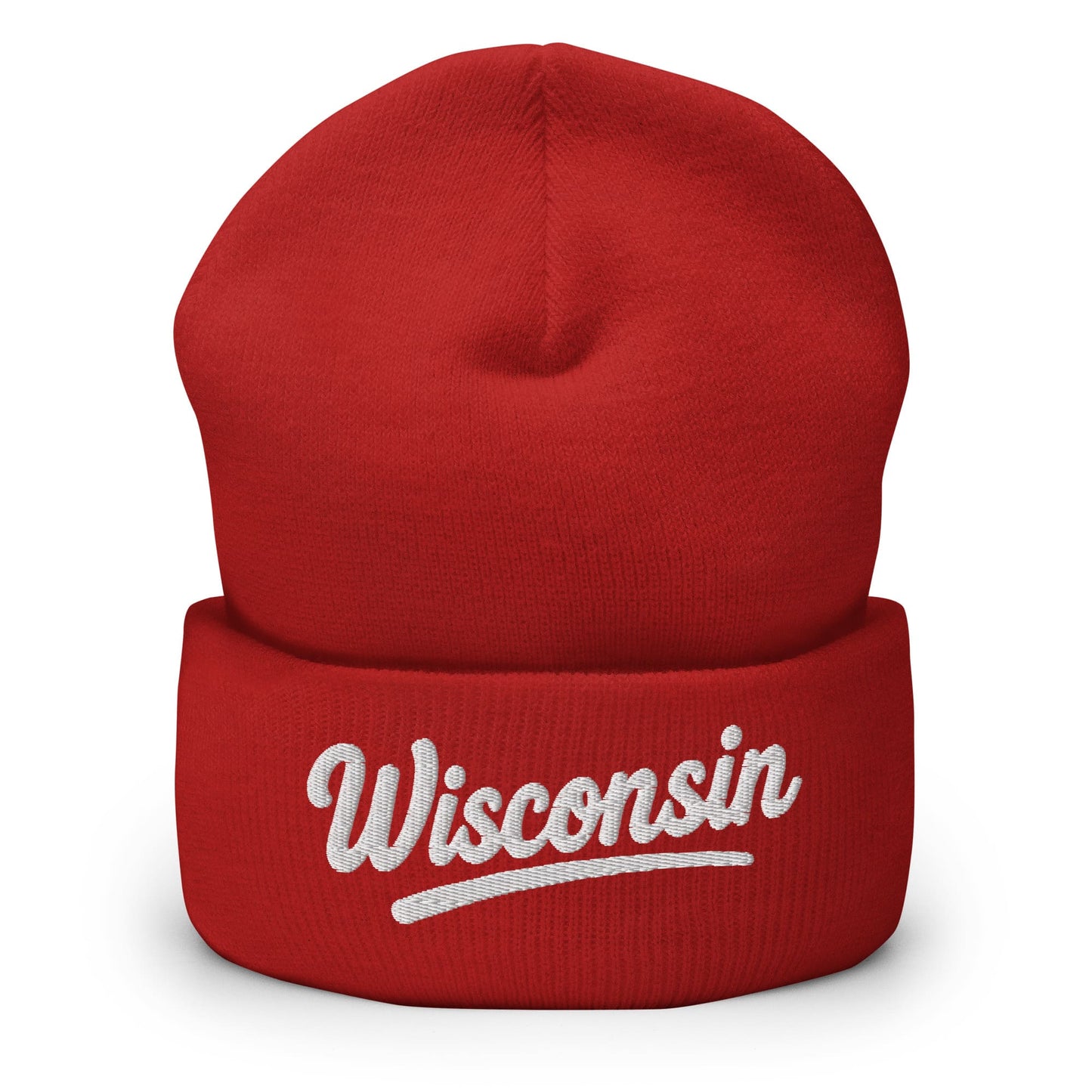 Red beanie with 'Wisconsin' embroidered on a white background