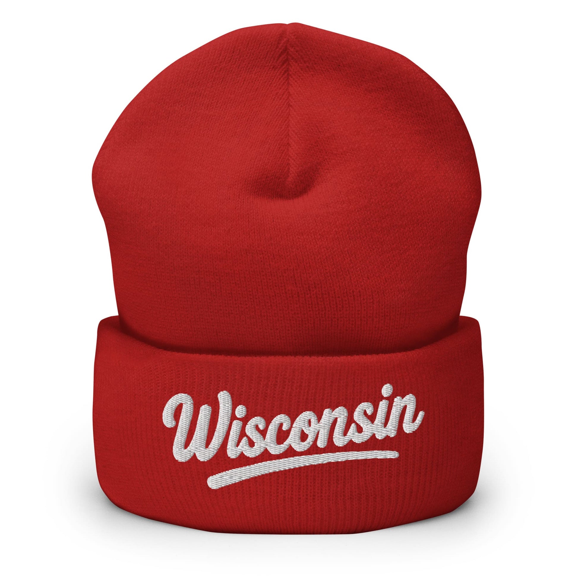 Red beanie with 'Wisconsin' embroidered on a white background