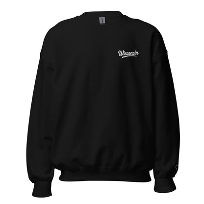 Black sweatshirt with 'Wisconsin' text on a white background