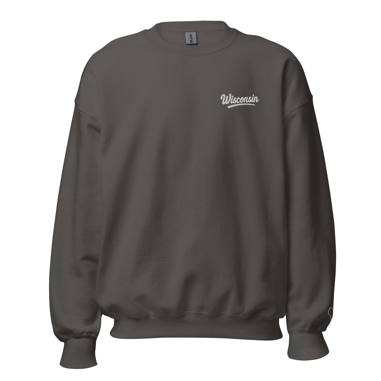 Dark gray sweatshirt with 'Wisconsin' text on a white background