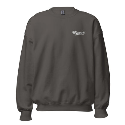 Dark gray sweatshirt with 'Wisconsin' text on a white background