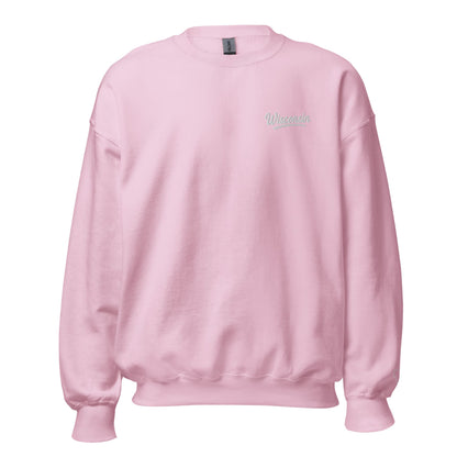 pink sweater with the word 'Wisconsin' on a white background