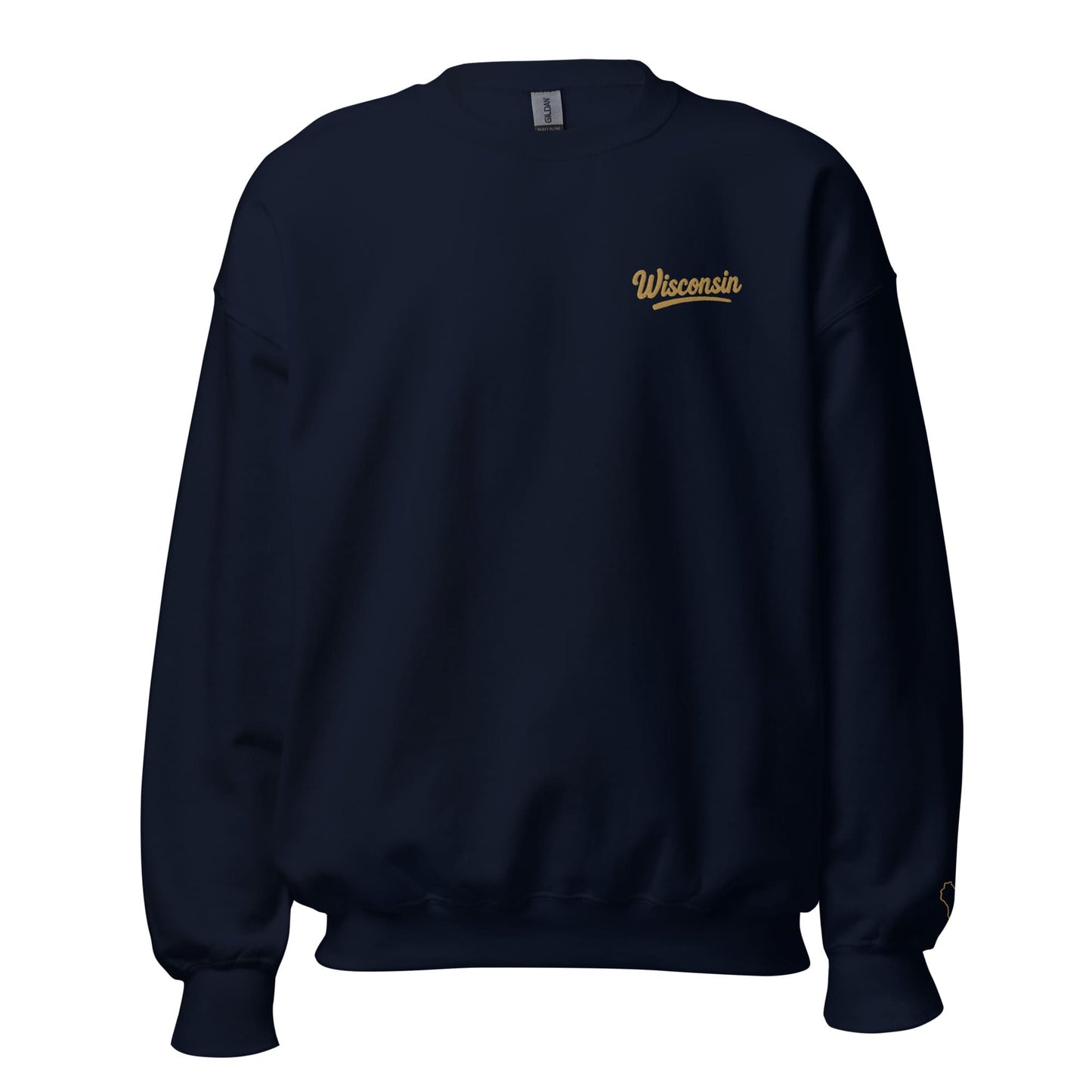 Navy blue sweatshirt with 'Wisconsin' text on a white background