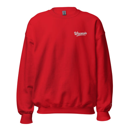 Red sweatshirt with 'Wisconsin' text on a white background