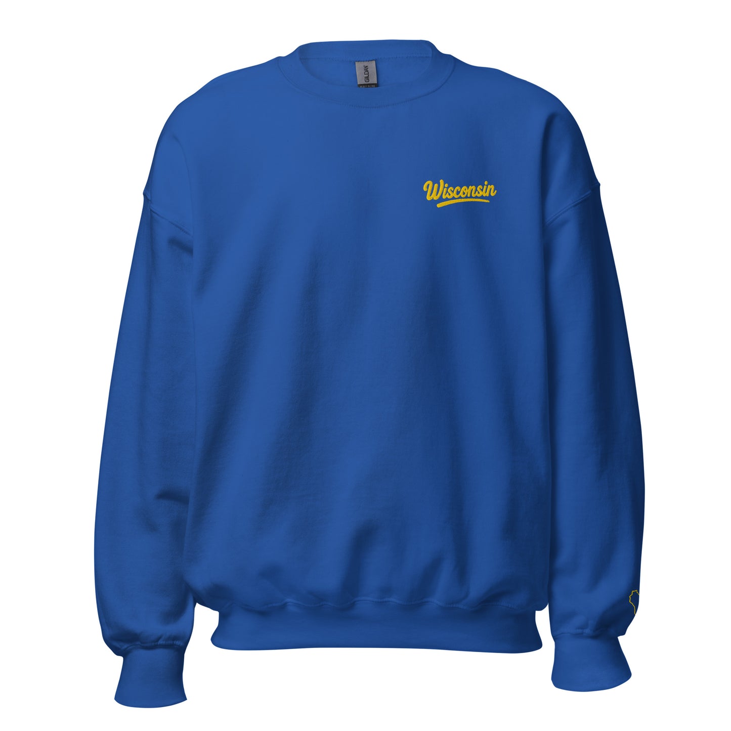 Blue sweatshirt with 'Wisconsin' text on a white background