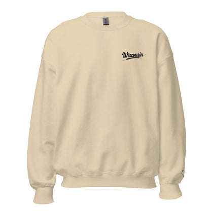 Beige sweatshirt with 'Wisconsin' text on a white background