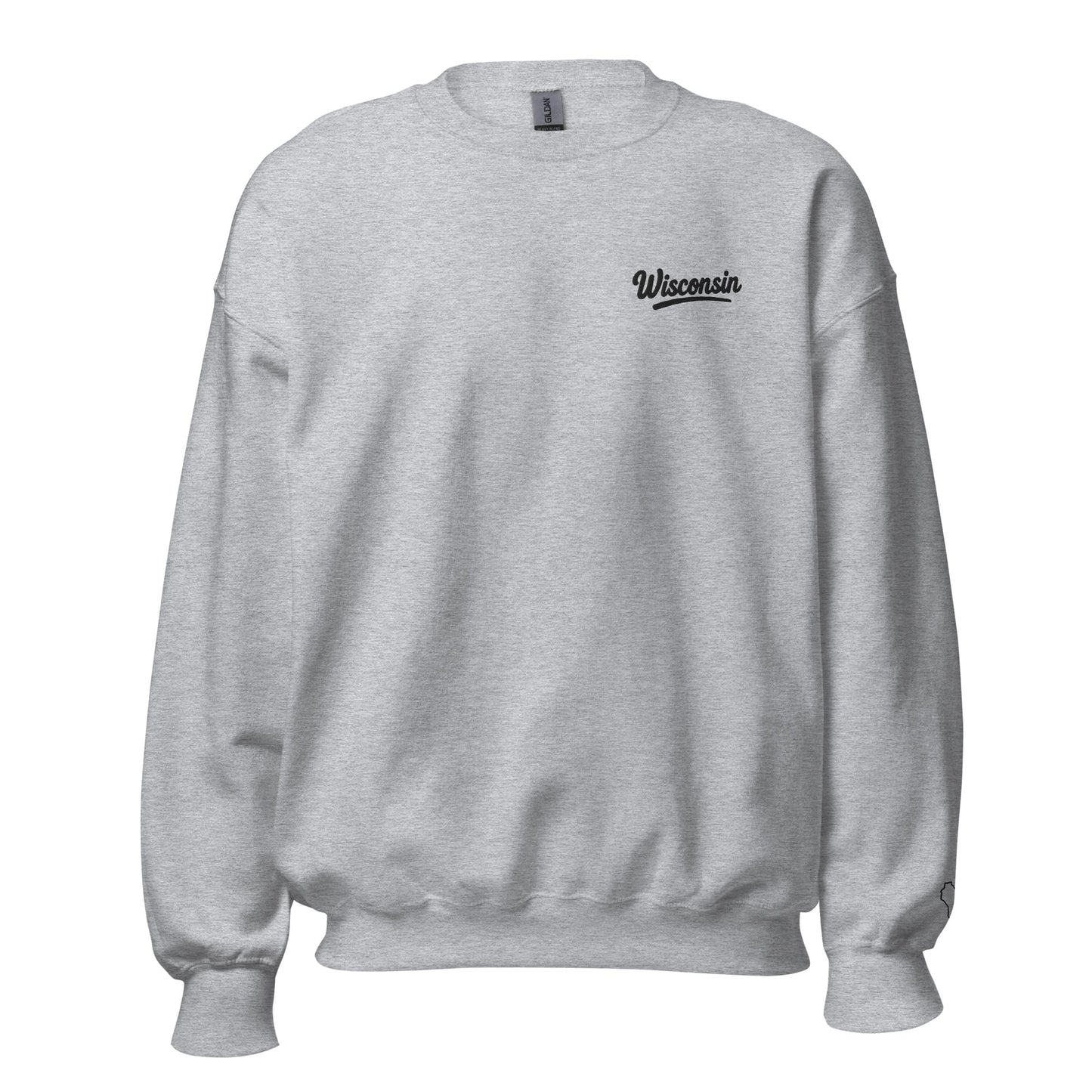Gray sweatshirt with 'Wisconsin' text on a white background
