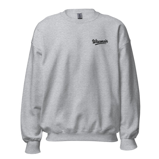 Gray sweatshirt with 'Wisconsin' text on a white background