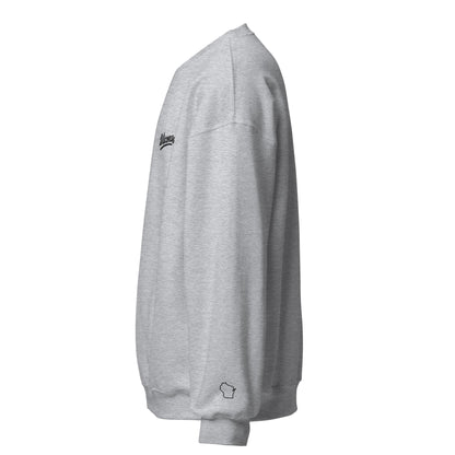 Gray sweatshirt with a logo on the sleeve against a white background