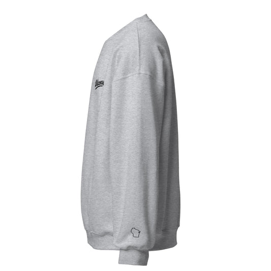 Gray sweatshirt with a logo on the sleeve against a white background