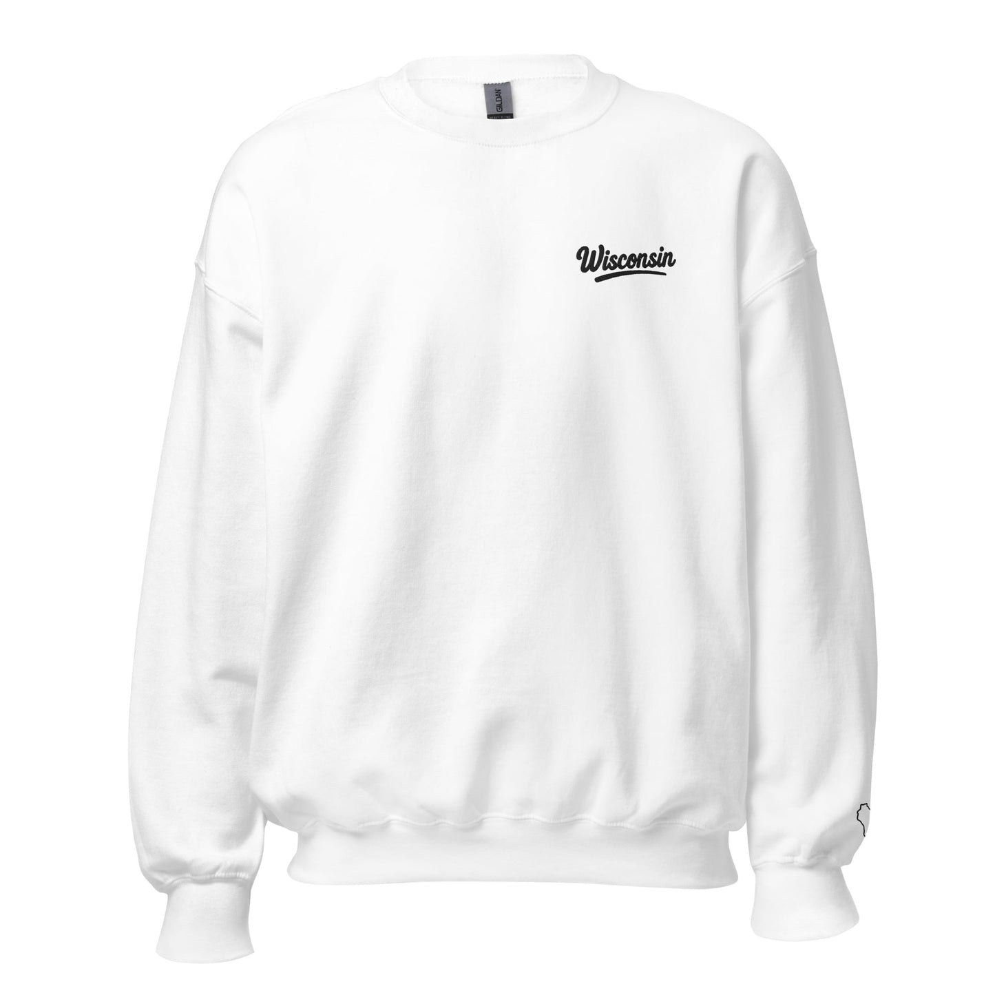 White sweatshirt with 'Wisconsin' text on a white background