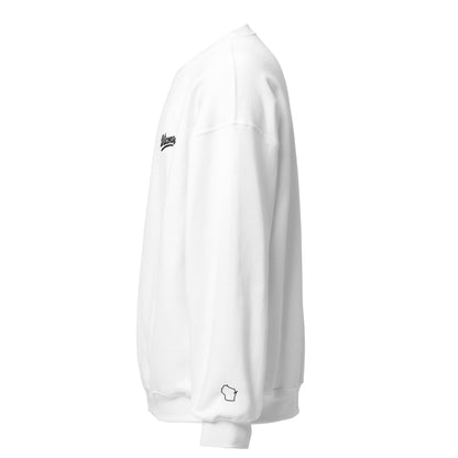 White sweatshirt with a logo on the sleeve against a white background