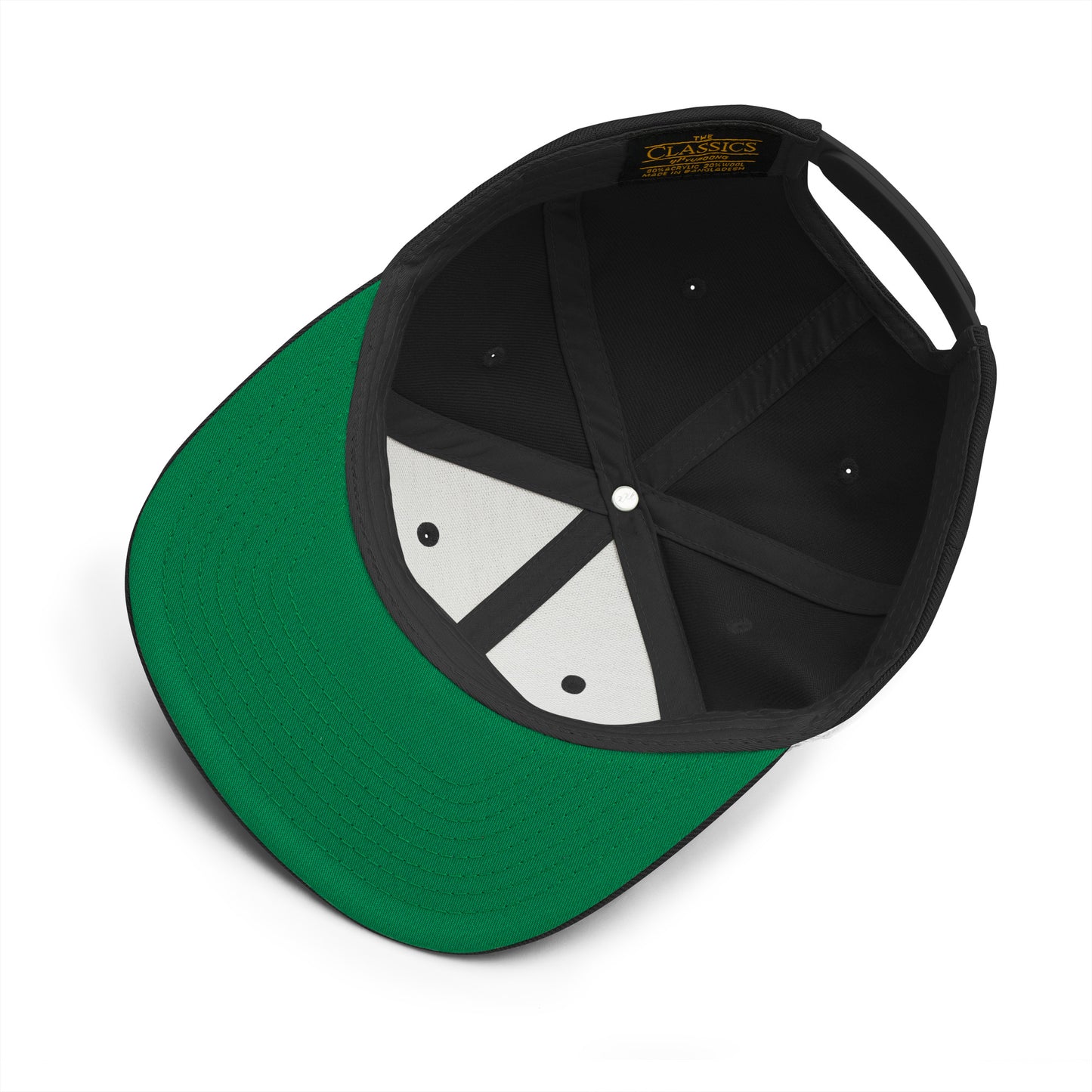 Green and black cap with a white logo on a white background