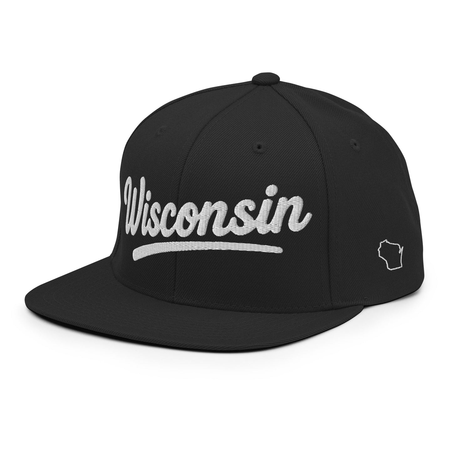 Black cap with 'Wisconsin' written on it against a white background