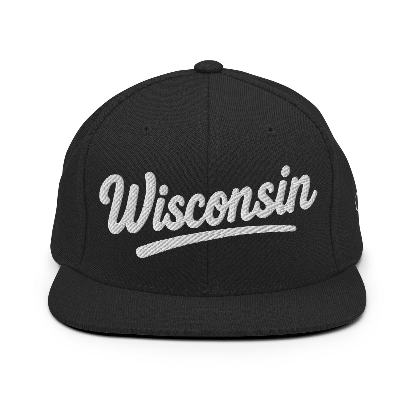 Black cap with 'Wisconsin' embroidered on a white background