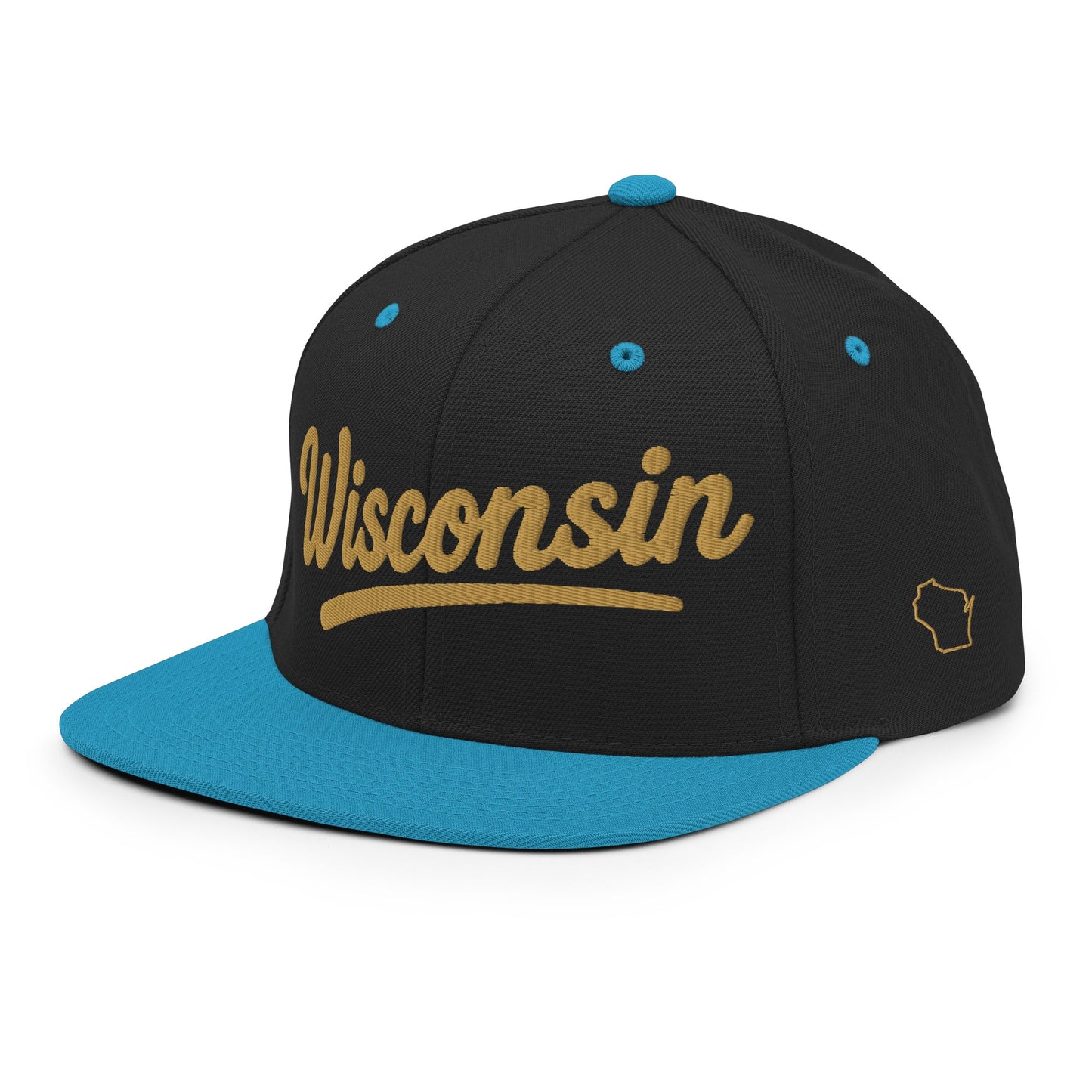 Black and blue cap with 'Wisconsin' written on it against a white background