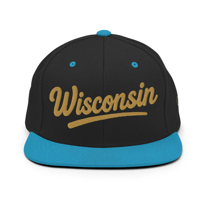 Black and blue cap with 'Wisconsin' written on it against a white background
